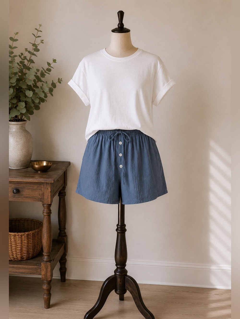 Zara Blue Textured Drawstring Shorts Elastic Waist Button Front Coastal Summer M
